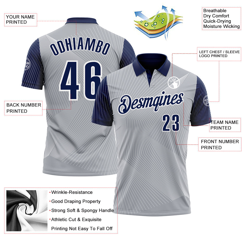 Custom Gray Navy-White 3D Bowling Line Performance Polo Shirt view 3