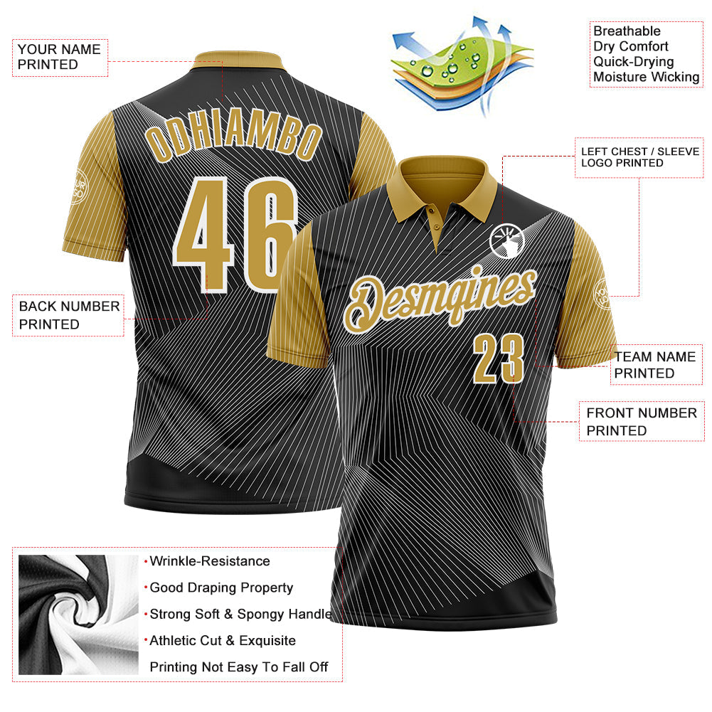 Custom Black Old Gold-White 3D Bowling Line Performance Polo Shirt view 3