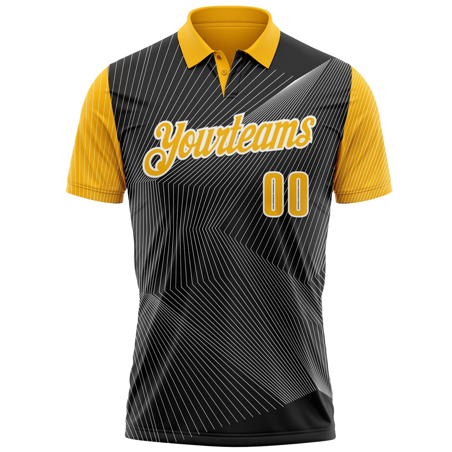 Custom Black Gold-White 3D Bowling Line Performance Polo Shirt view 2