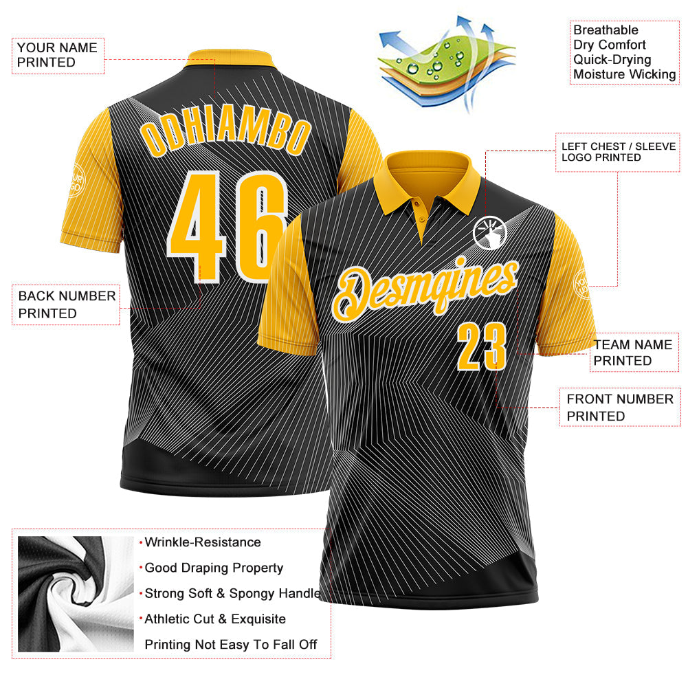 Custom Black Gold-White 3D Bowling Line Performance Polo Shirt view 3