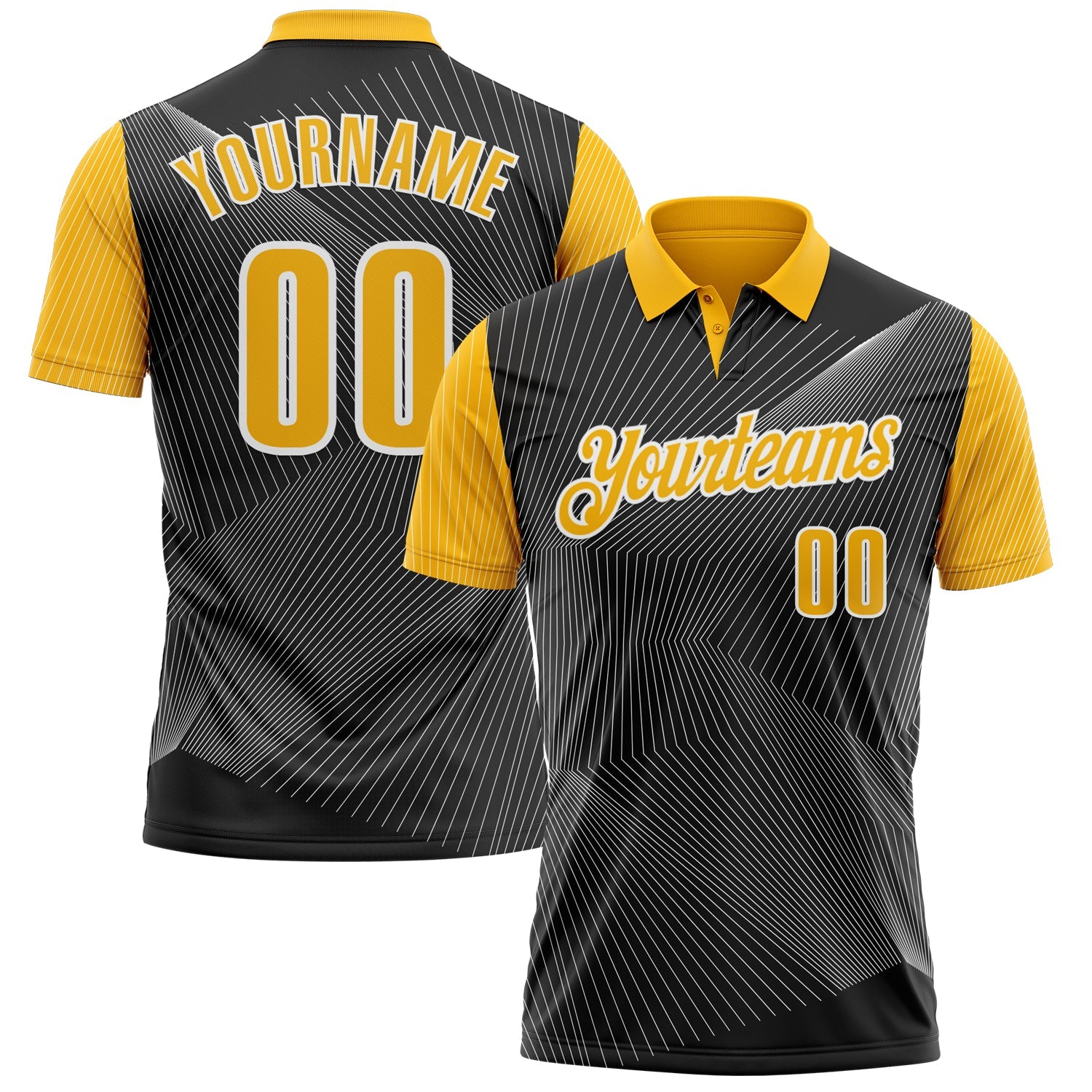 Custom Black Gold-White 3D Bowling Line Performance Polo Shirt - Main View