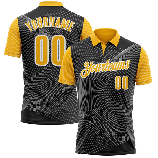 Custom Black Gold-White 3D Bowling Line Performance Polo Shirt - Main View