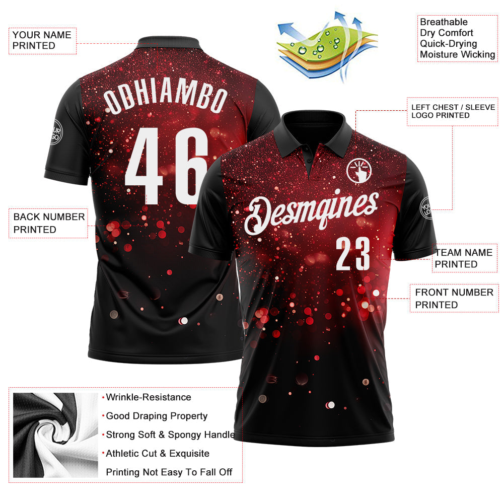 Custom Black Red-White 3D Bowling Glowing Star Performance Polo Shirt view 3