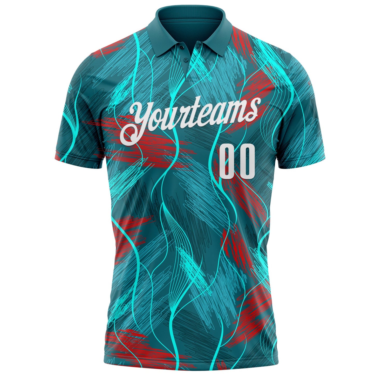 Custom Teal Red-White 3D Bowling Line Performance Polo Shirt view 2