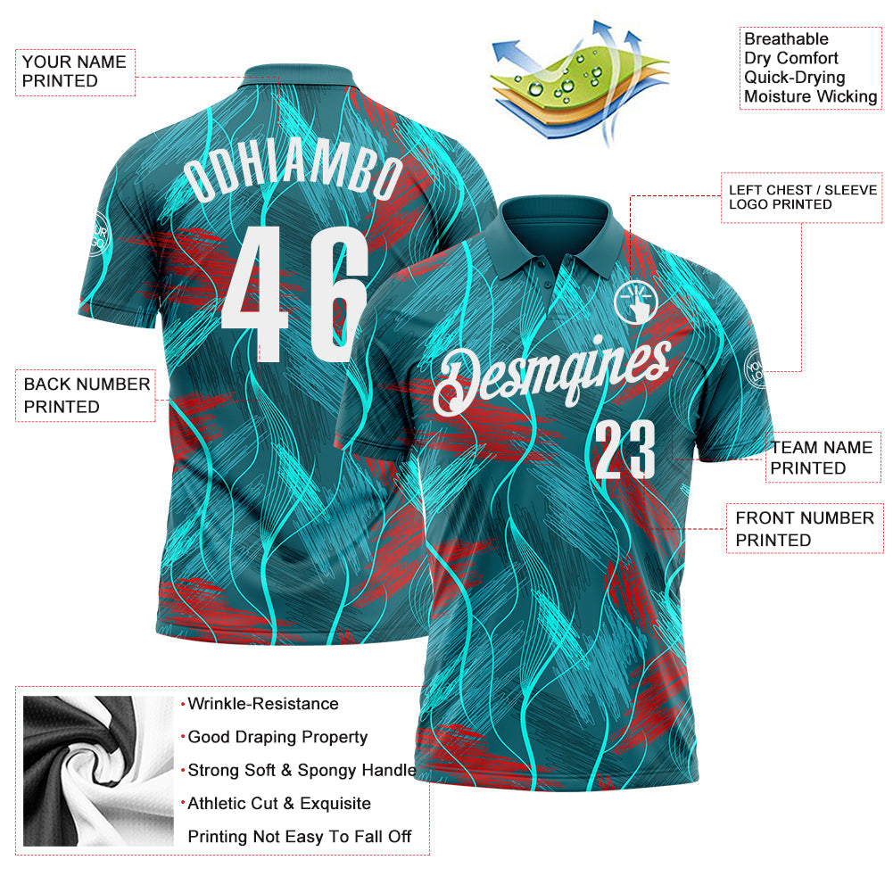 Custom Teal Red-White 3D Bowling Line Performance Polo Shirt view 3