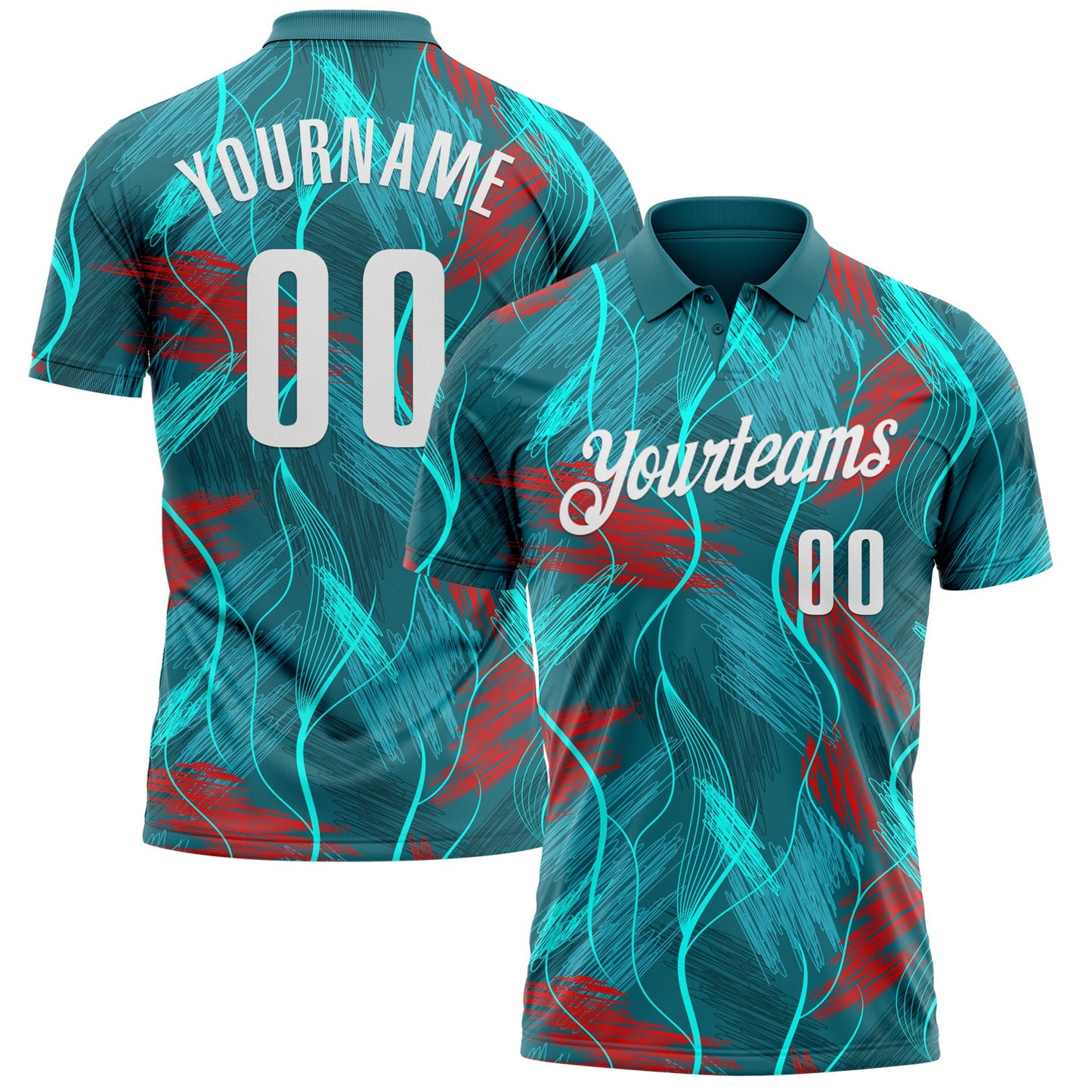 Custom Teal Red-White 3D Bowling Line Performance Polo Shirt - Main View