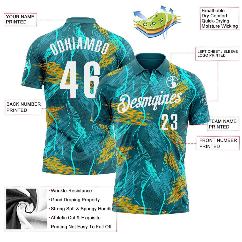Custom Teal Old Gold-White 3D Bowling Line Performance Polo Shirt view 3