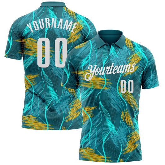 Custom Teal Old Gold-White 3D Bowling Line Performance Polo Shirt - Main View