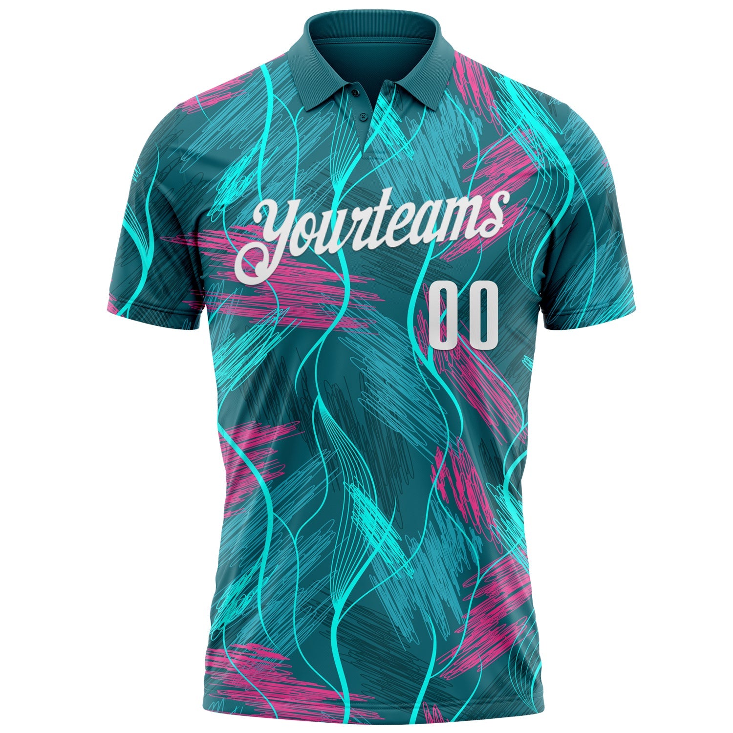 Custom Teal Pink-White 3D Bowling Line Performance Polo Shirt view 2