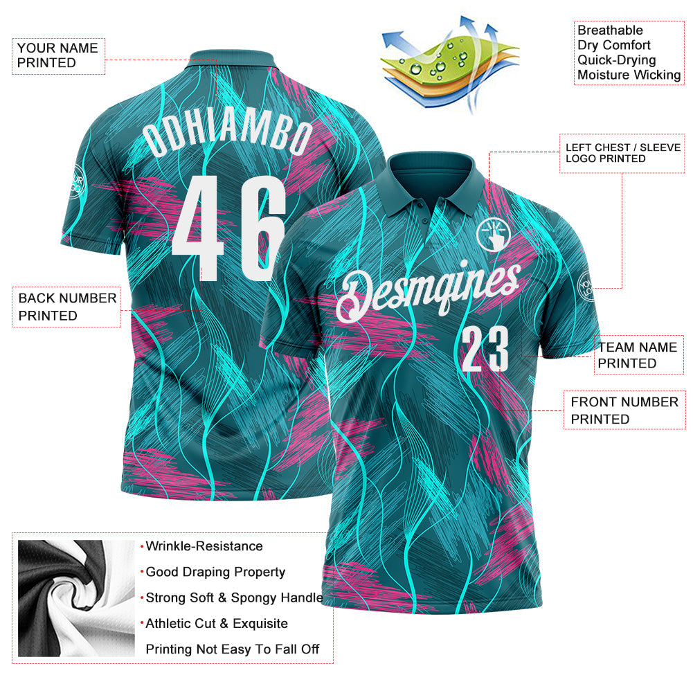 Custom Teal Pink-White 3D Bowling Line Performance Polo Shirt view 3