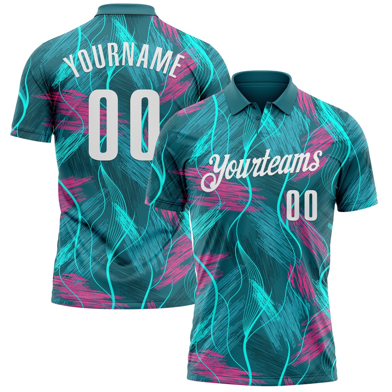 Custom Teal Pink-White 3D Bowling Line Performance Polo Shirt - Main View