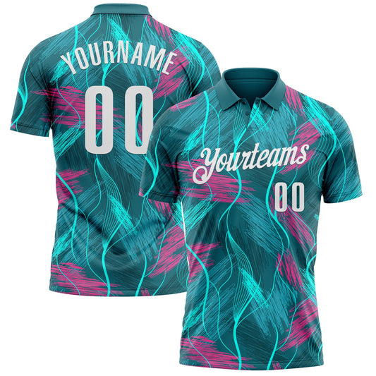 Custom Teal Pink-White 3D Bowling Line Performance Polo Shirt - Main View