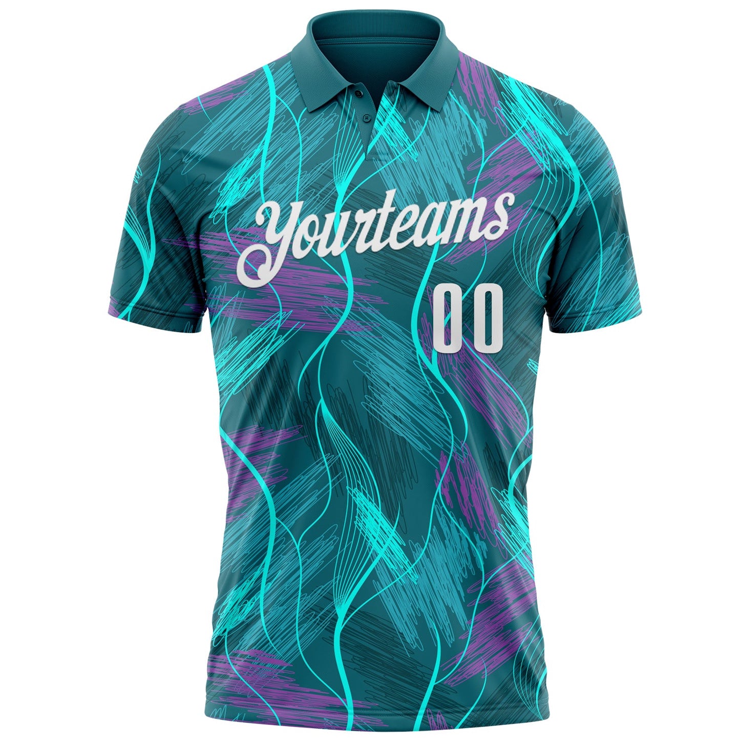 Custom Teal Medium Purple-White 3D Bowling Line Performance Polo Shirt view 2