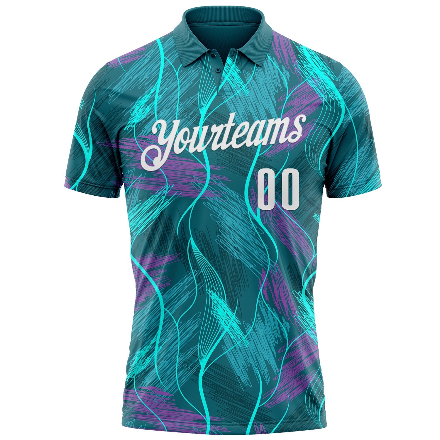 Custom Teal Medium Purple-White 3D Bowling Line Performance Polo Shirt view 2