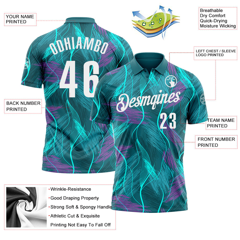 Custom Teal Medium Purple-White 3D Bowling Line Performance Polo Shirt view 3