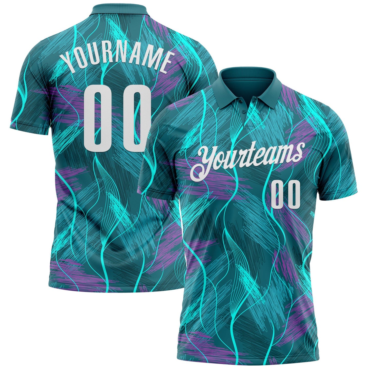 Custom Teal Medium Purple-White 3D Bowling Line Performance Polo Shirt - Main View