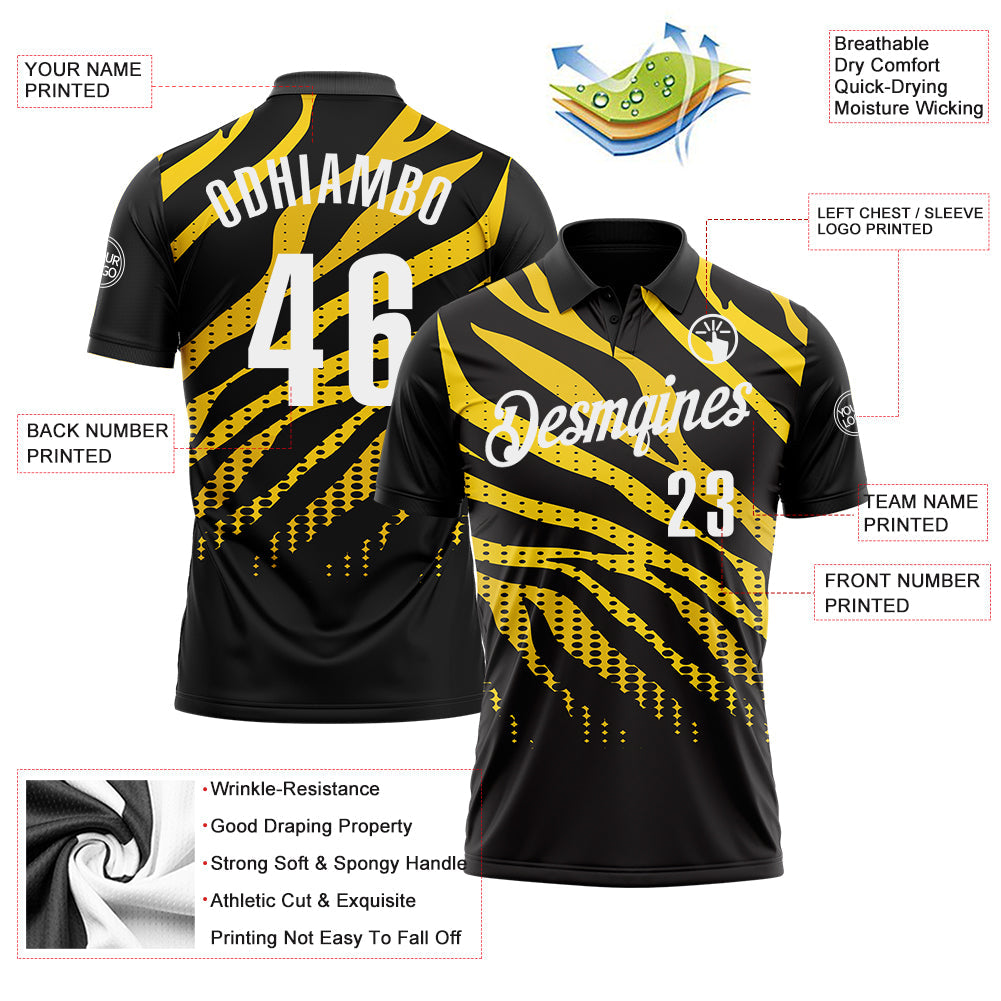 Custom Black Yellow-White 3D Bowling Dot Performance Polo Shirt view 3