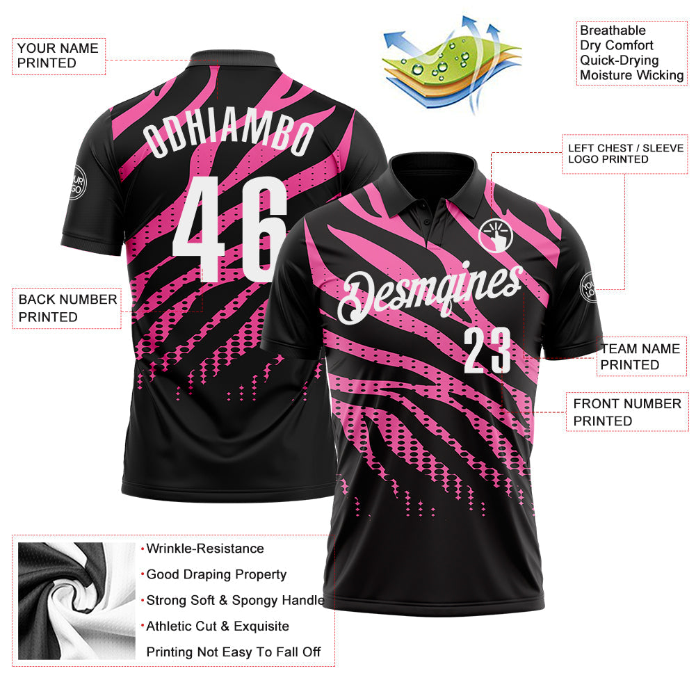 Custom Black Pink-White 3D Bowling Dot Performance Polo Shirt view 3