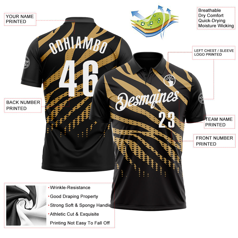 Custom Black Old Gold-White 3D Bowling Dot Performance Polo Shirt view 3