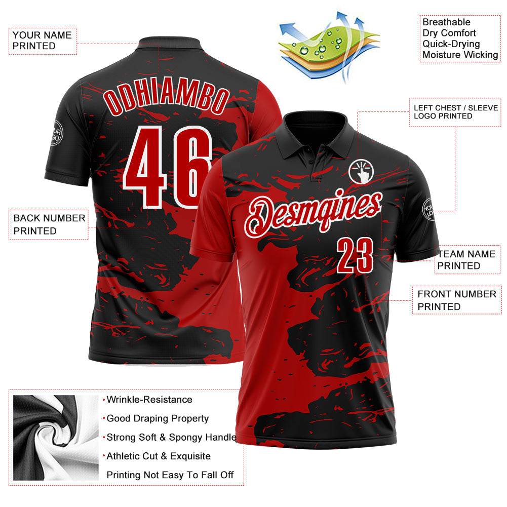 Custom Black Red-White 3D Bowling Splash Ink Performance Polo Shirt view 3