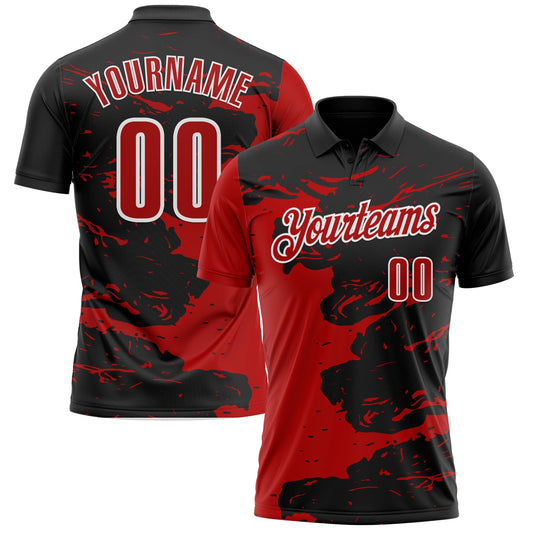 Custom Black Red-White 3D Bowling Splash Ink Performance Polo Shirt - Main View