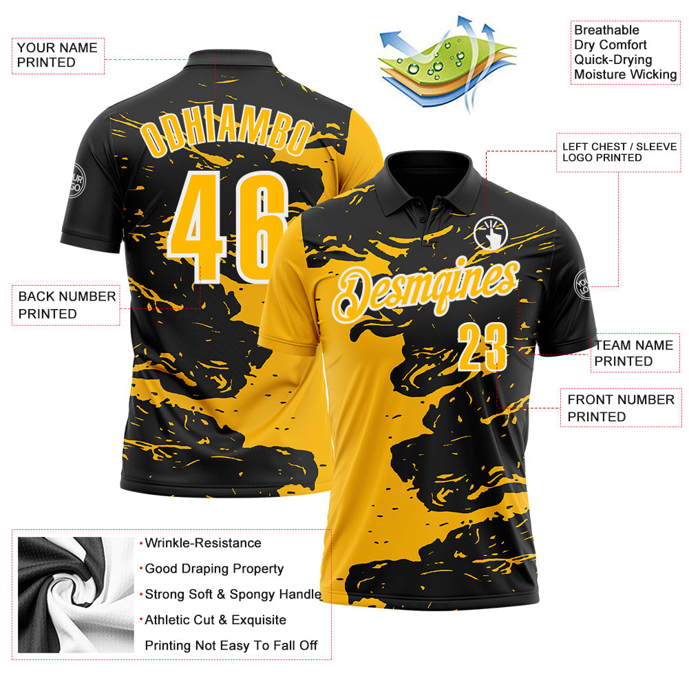 Custom Black Gold-White 3D Bowling Splash Ink Performance Polo Shirt view 3