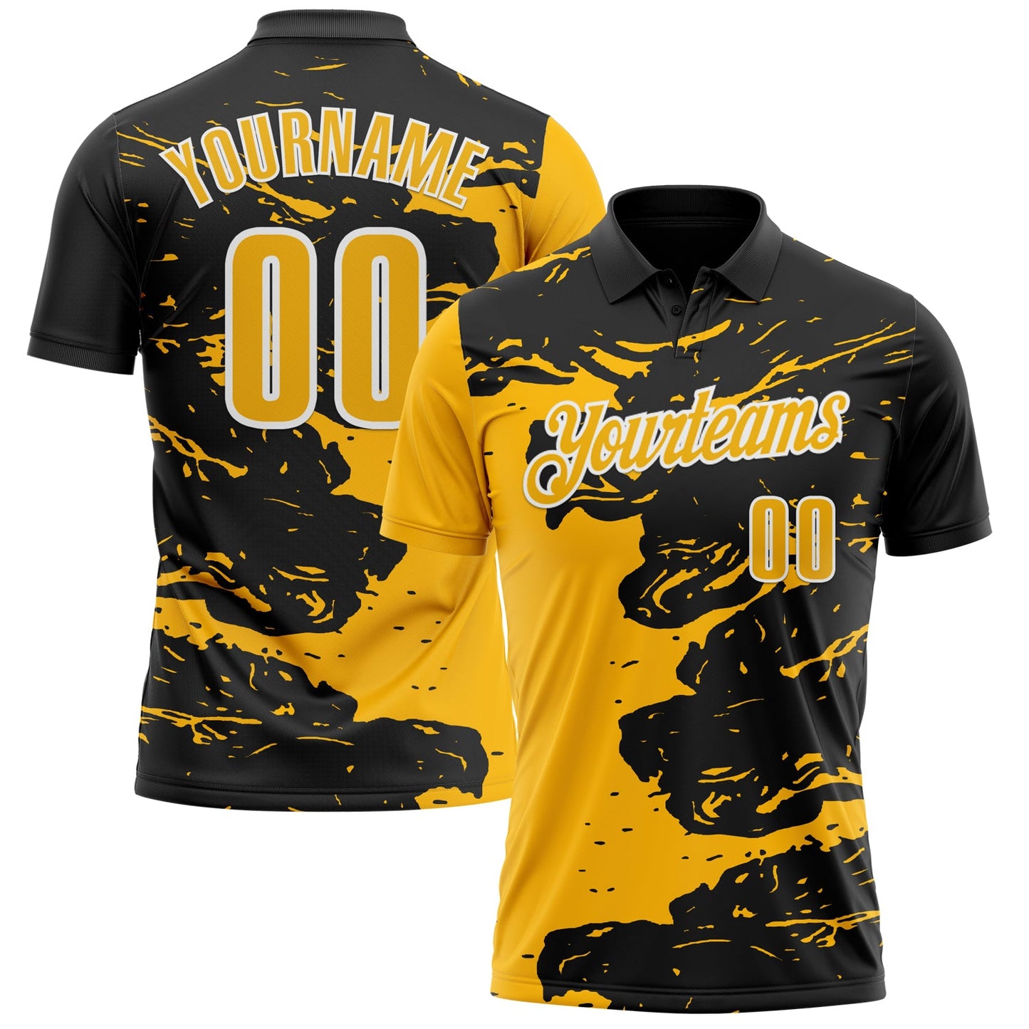 Custom Black Gold-White 3D Bowling Splash Ink Performance Polo Shirt - Main View
