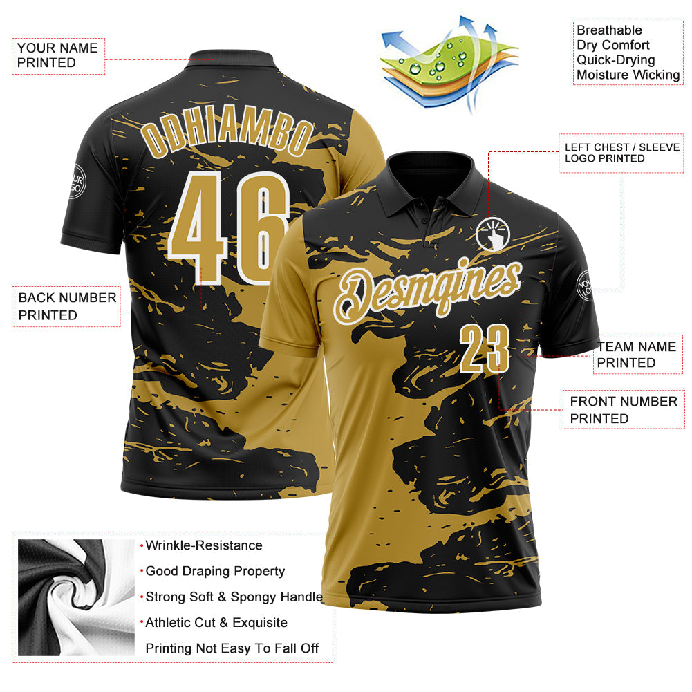 Custom Black Old Gold-White 3D Bowling Splash Ink Performance Polo Shirt view 3