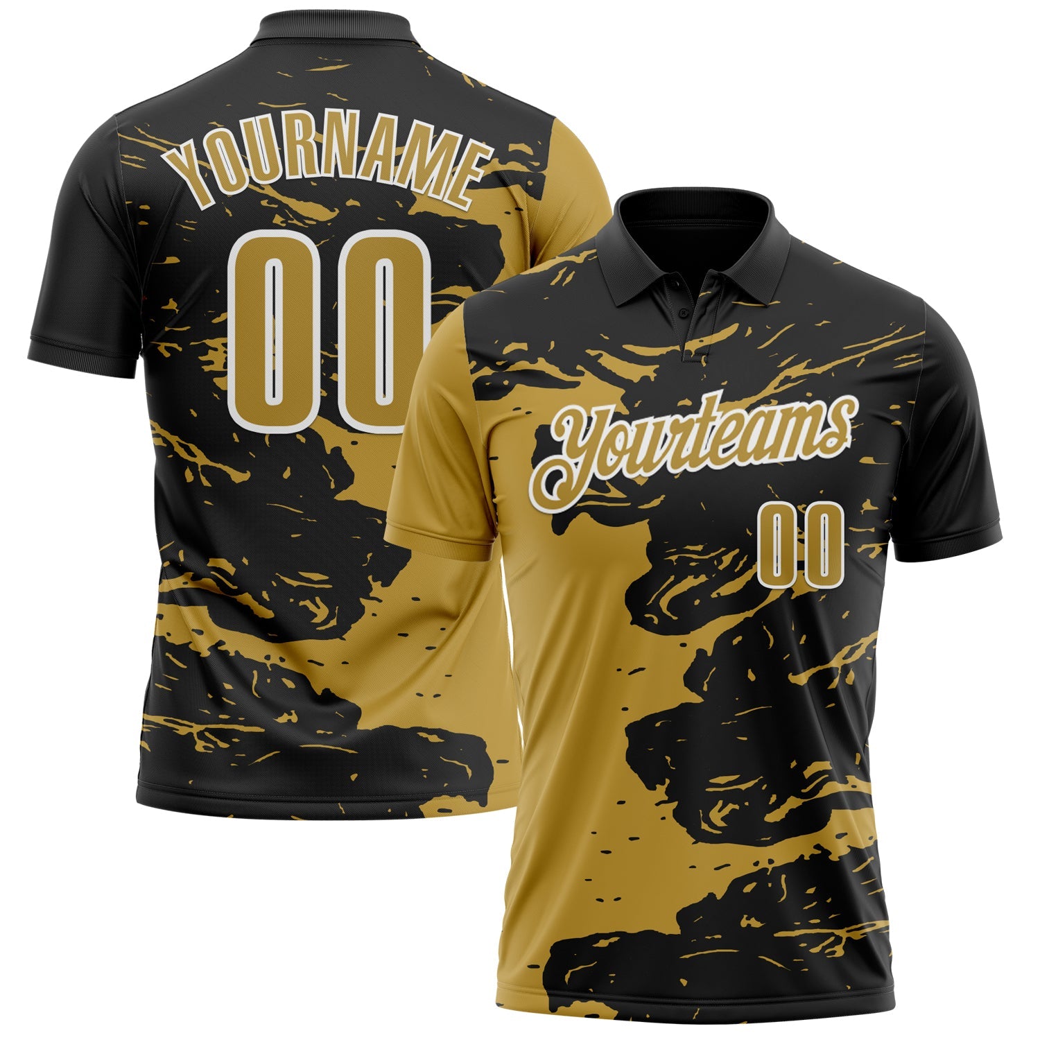 Custom Black Old Gold-White 3D Bowling Splash Ink Performance Polo Shirt - Main View