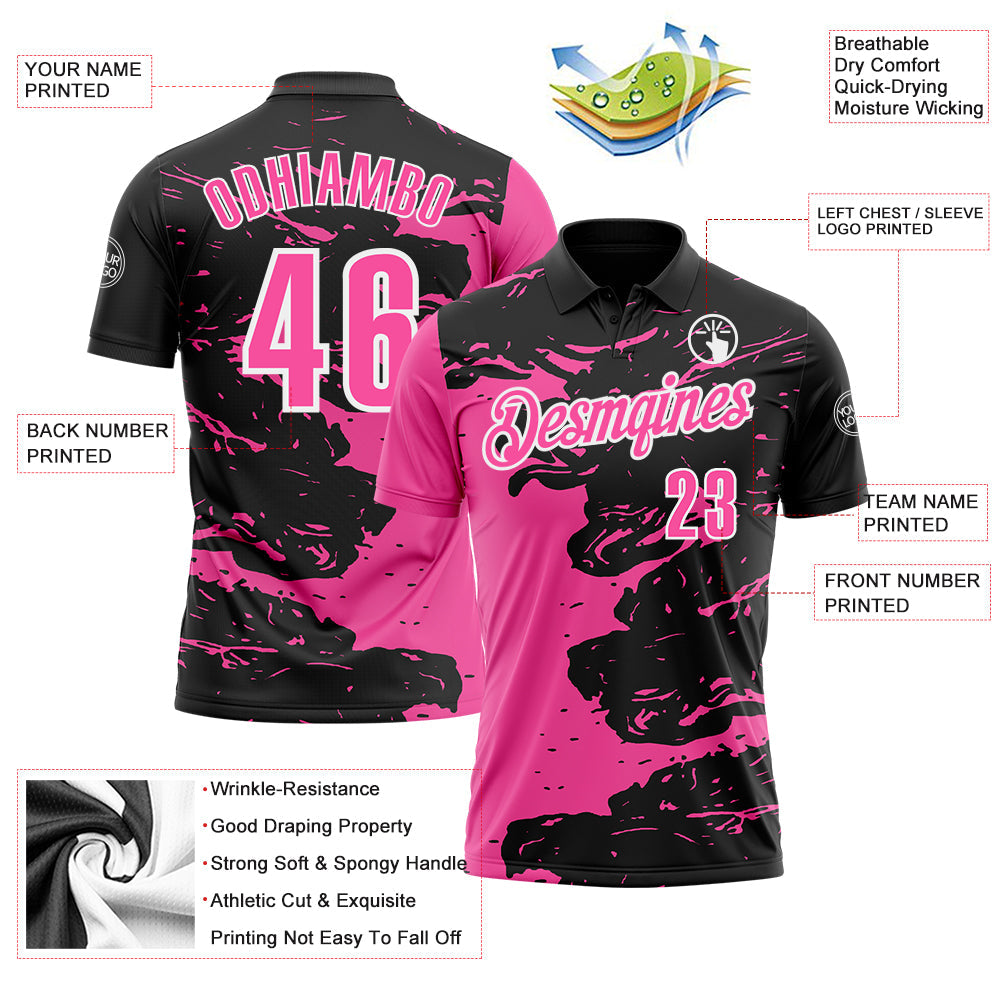Custom Black Pink-White 3D Bowling Splash Ink Performance Polo Shirt view 3