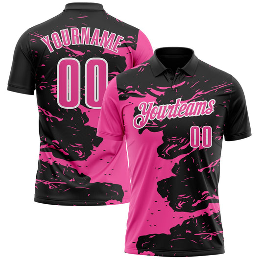 Custom Black Pink-White 3D Bowling Splash Ink Performance Polo Shirt - Main View