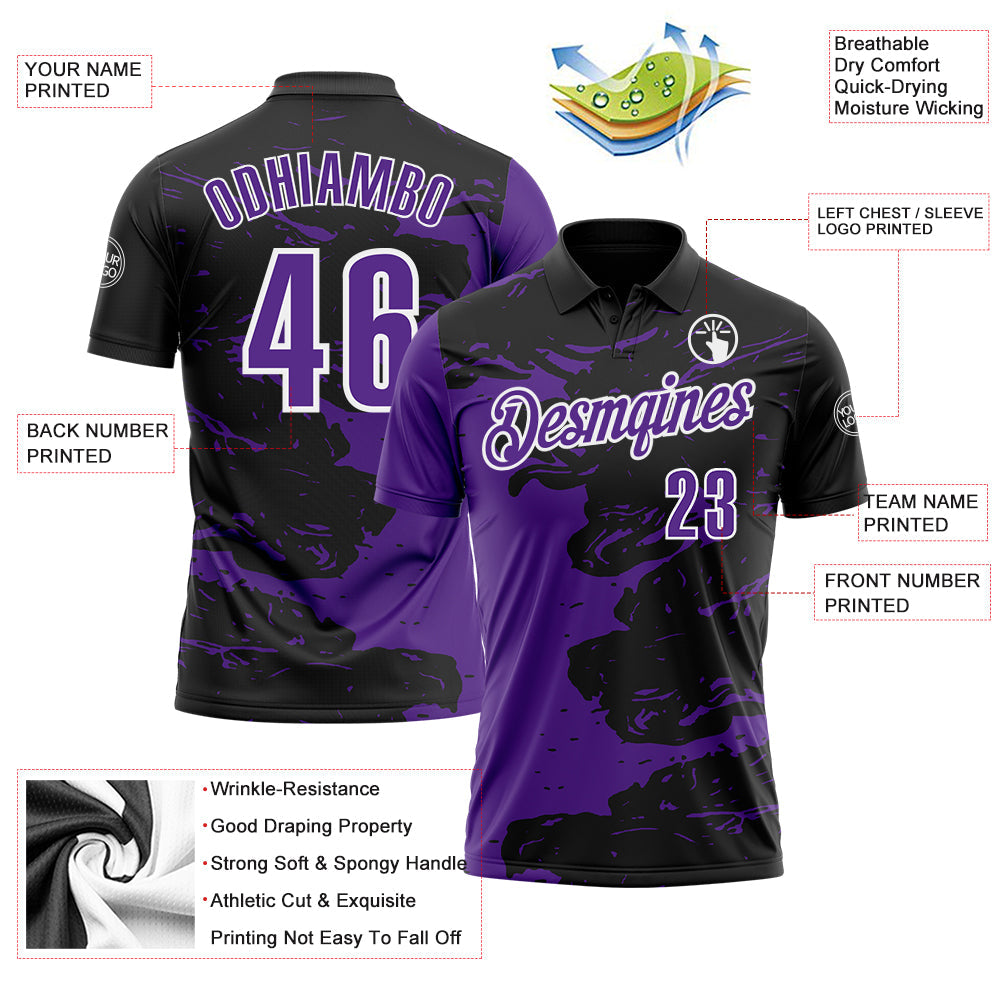 Custom Black Purple-White 3D Bowling Splash Ink Performance Polo Shirt view 3
