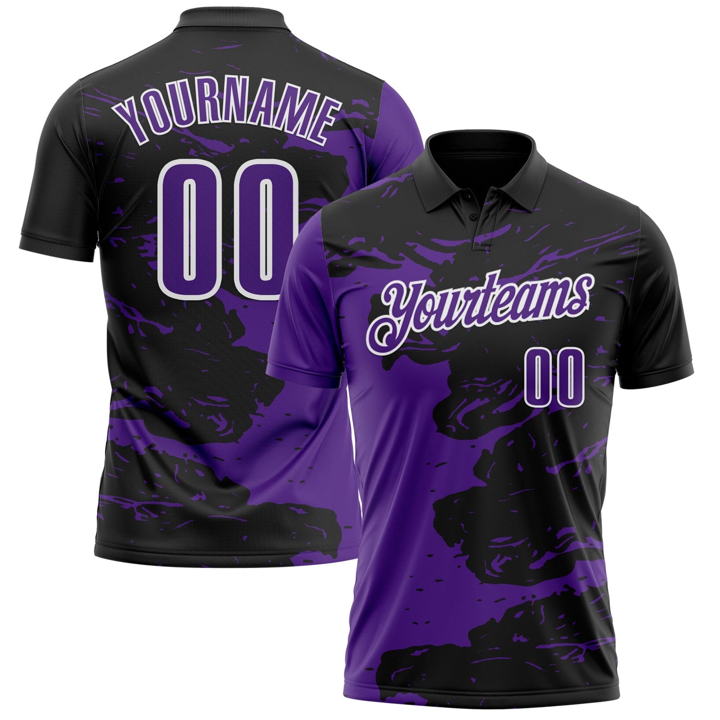 Custom Black Purple-White 3D Bowling Splash Ink Performance Polo Shirt - Main View
