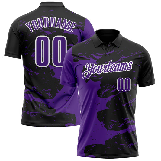 Custom Black Purple-White 3D Bowling Splash Ink Performance Polo Shirt - Main View