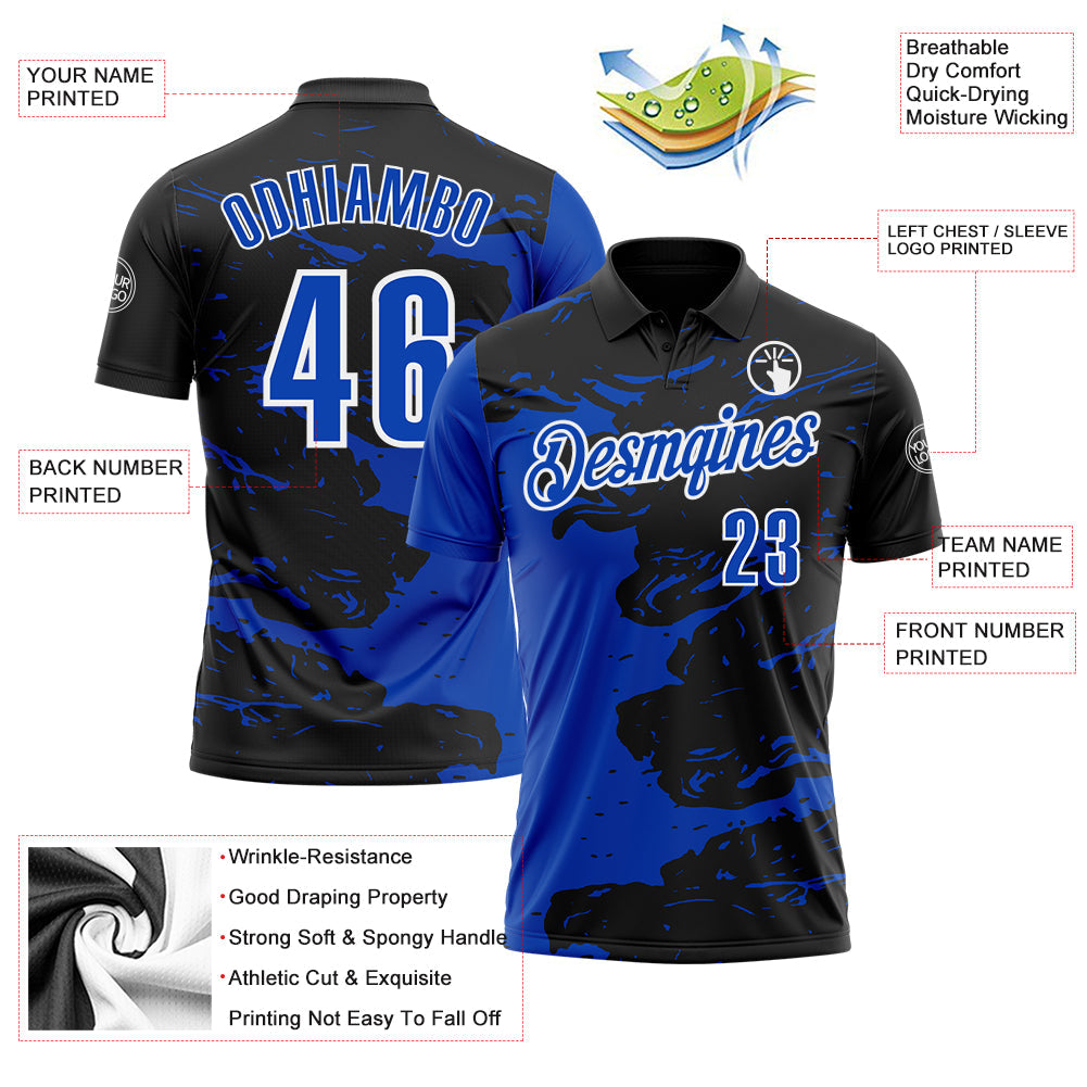 Custom Black Thunder Blue-White 3D Bowling Splash Ink Performance Polo Shirt view 3