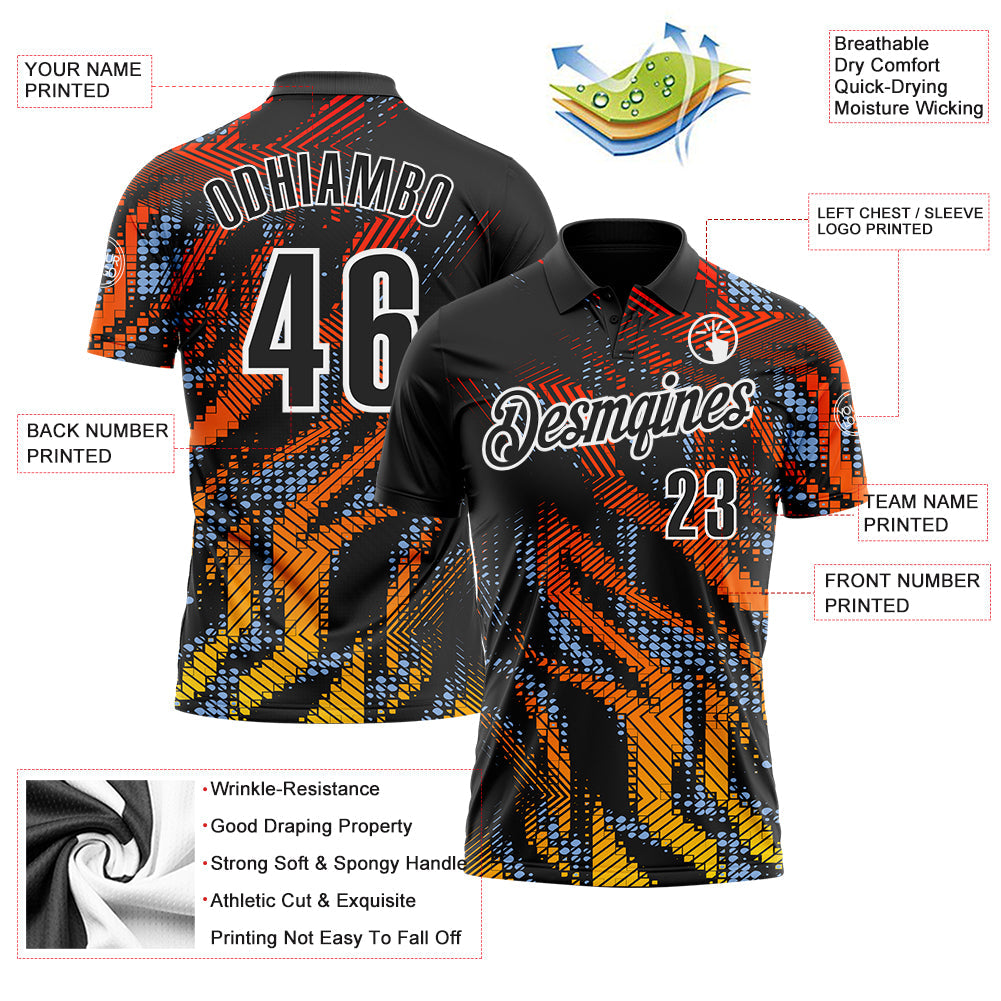 Custom Black Light Blue-White 3D Bowling Geometric Shape Performance Polo Shirt view 3