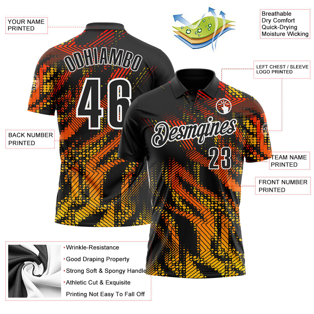 Custom Black Gold-White 3D Bowling Geometric Shape Performance Polo Shirt view 3