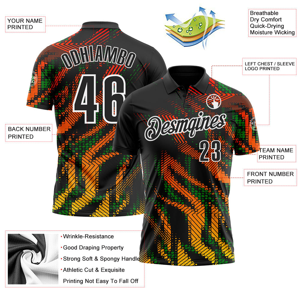Custom Black Grass Green-White 3D Bowling Geometric Shape Performance Polo Shirt view 3
