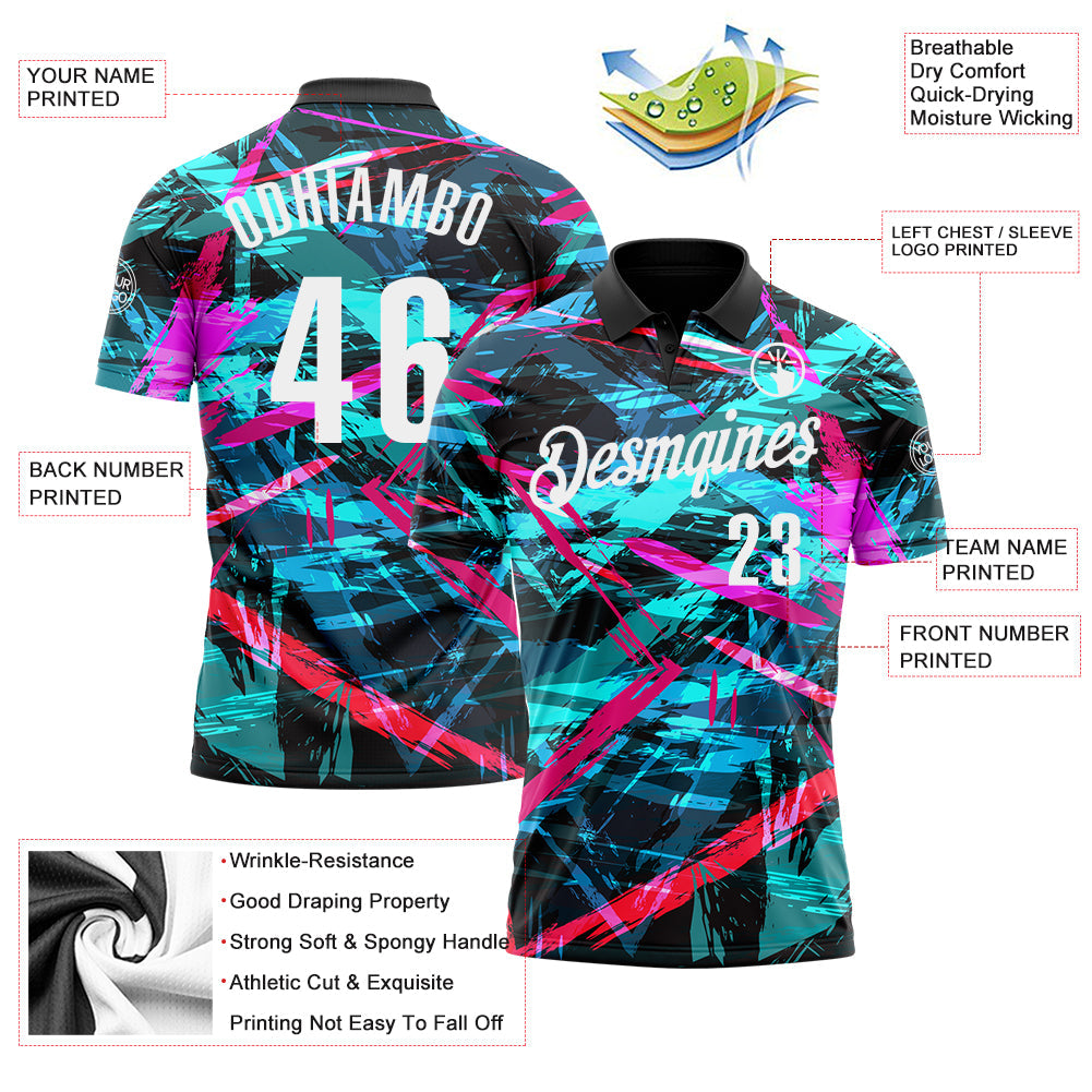 Custom Black White 3D Bowling Abstract Grunge Art Performance Polo Shirt view 3