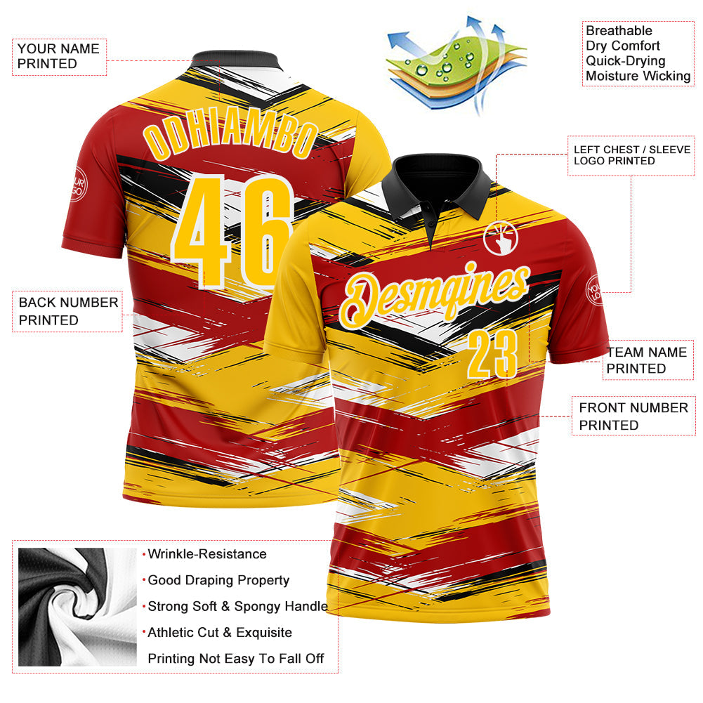 Custom Red Yellow-Black 3D Bowling Abstract Grunge Art Performance Polo Shirt view 3