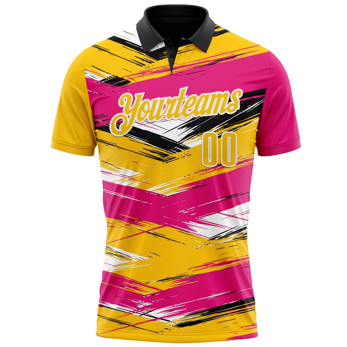 Custom Hot Pink Yellow-Black 3D Bowling Abstract Grunge Art Performance Polo Shirt view 2