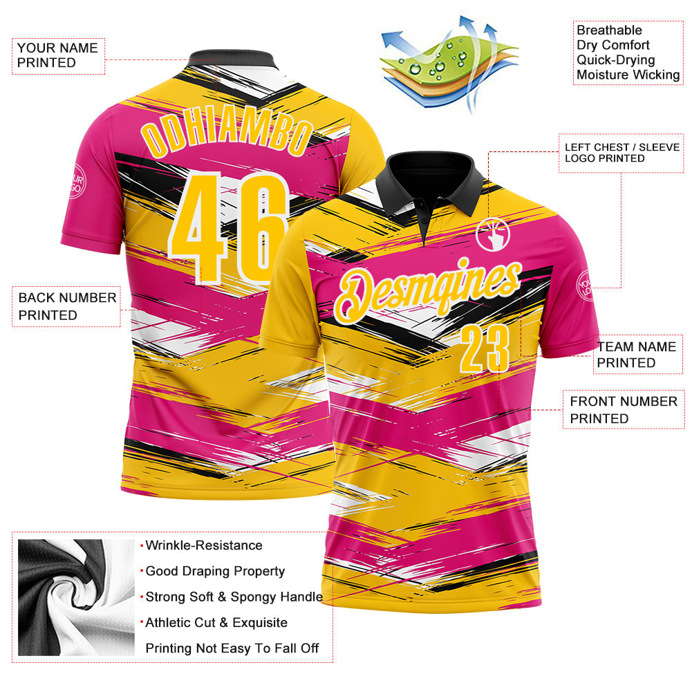 Custom Hot Pink Yellow-Black 3D Bowling Abstract Grunge Art Performance Polo Shirt view 3