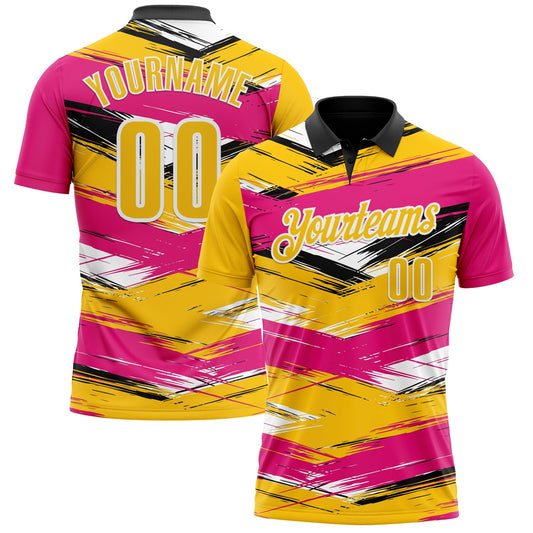 Custom Hot Pink Yellow-Black 3D Bowling Abstract Grunge Art Performance Polo Shirt - Main View