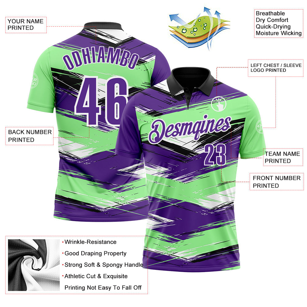 Custom Pea Green Purple-Black 3D Bowling Abstract Grunge Art Performance Polo Shirt view 3