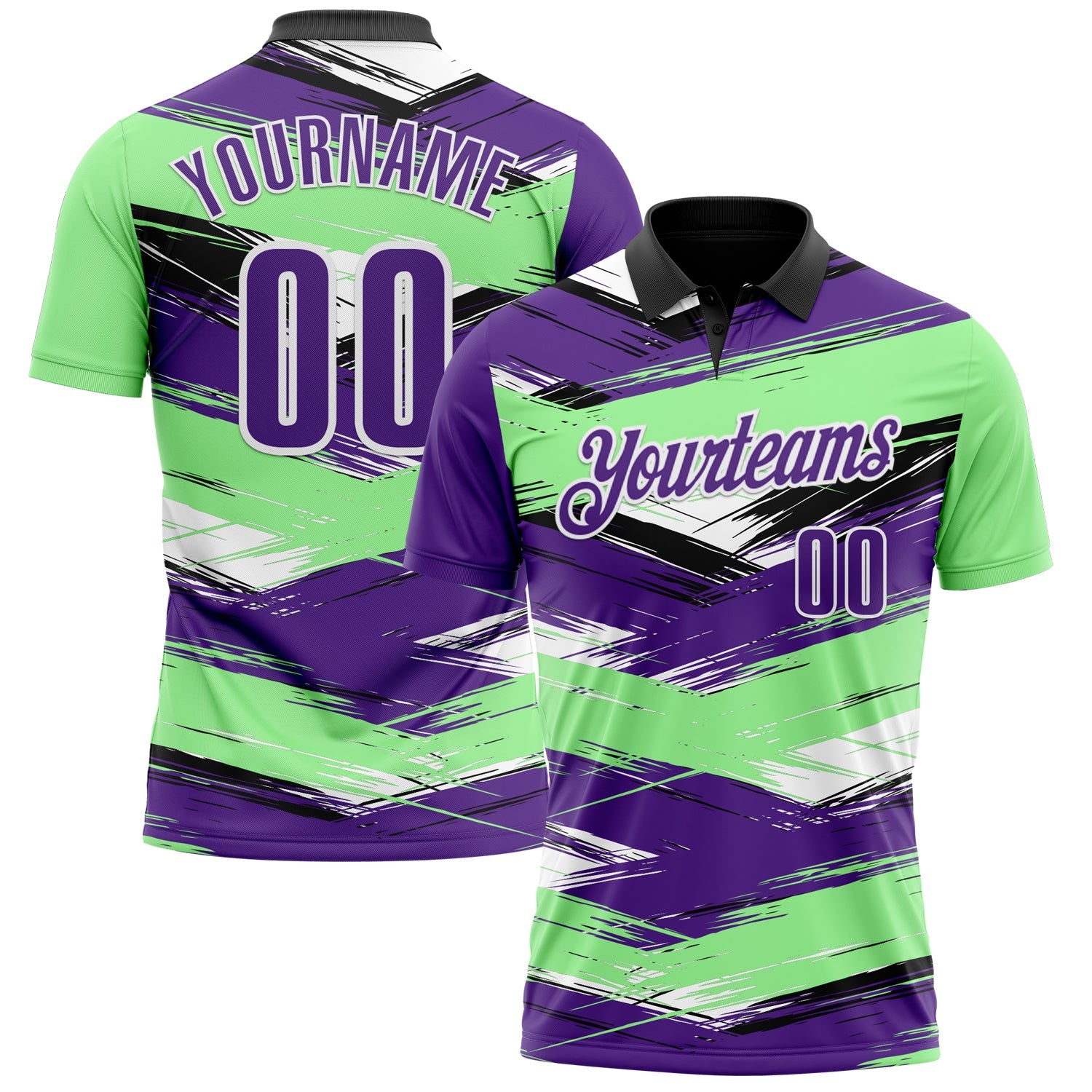 Custom Pea Green Purple-Black 3D Bowling Abstract Grunge Art Performance Polo Shirt - Main View