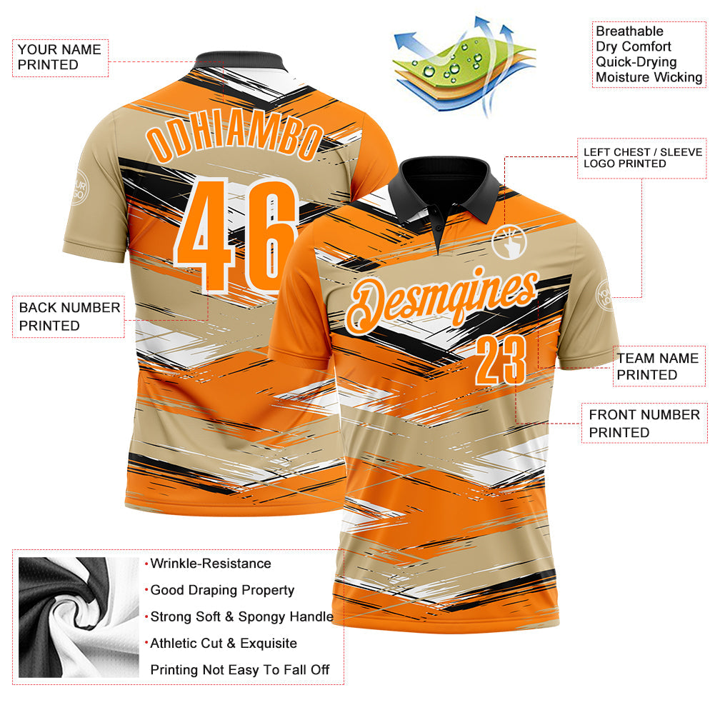 Custom Vegas Gold Bay Orange-Black 3D Bowling Abstract Grunge Art Performance Polo Shirt view 3
