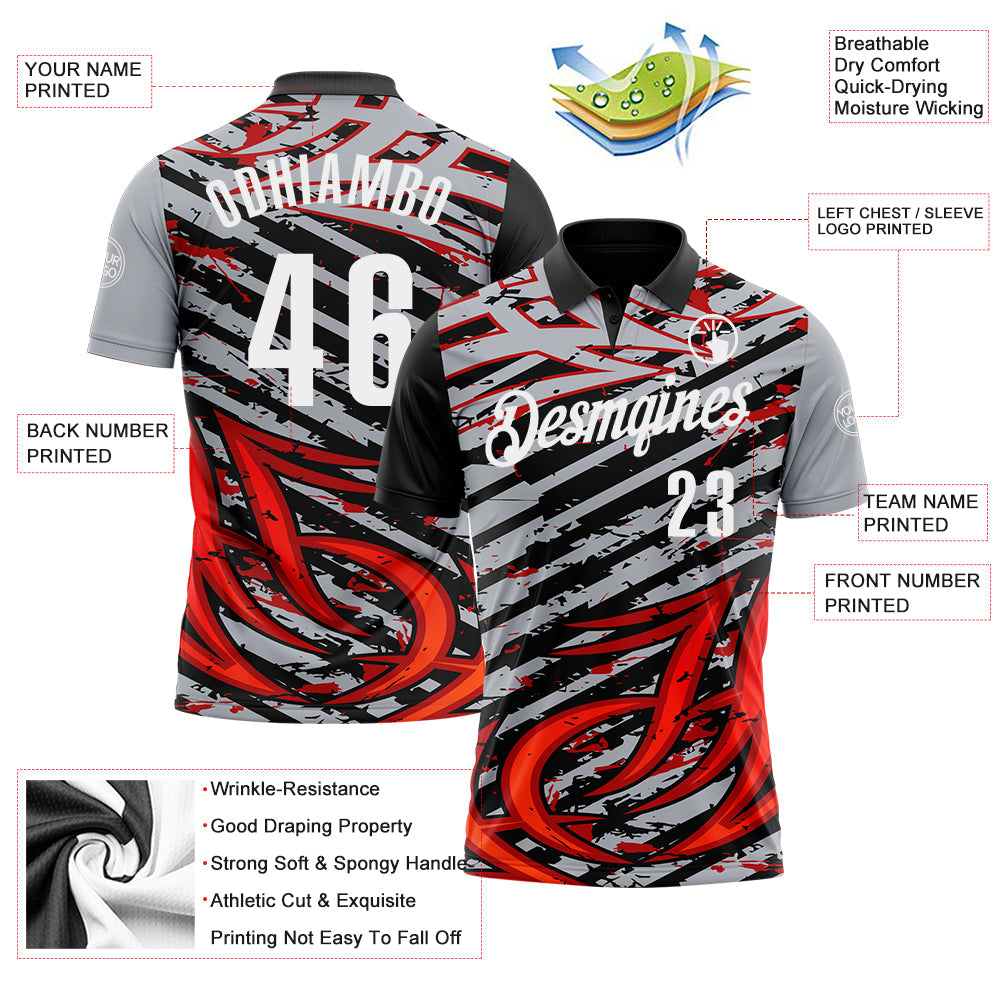 Custom Gray Black-Red 3D Bowling Line Performance Polo Shirt view 3