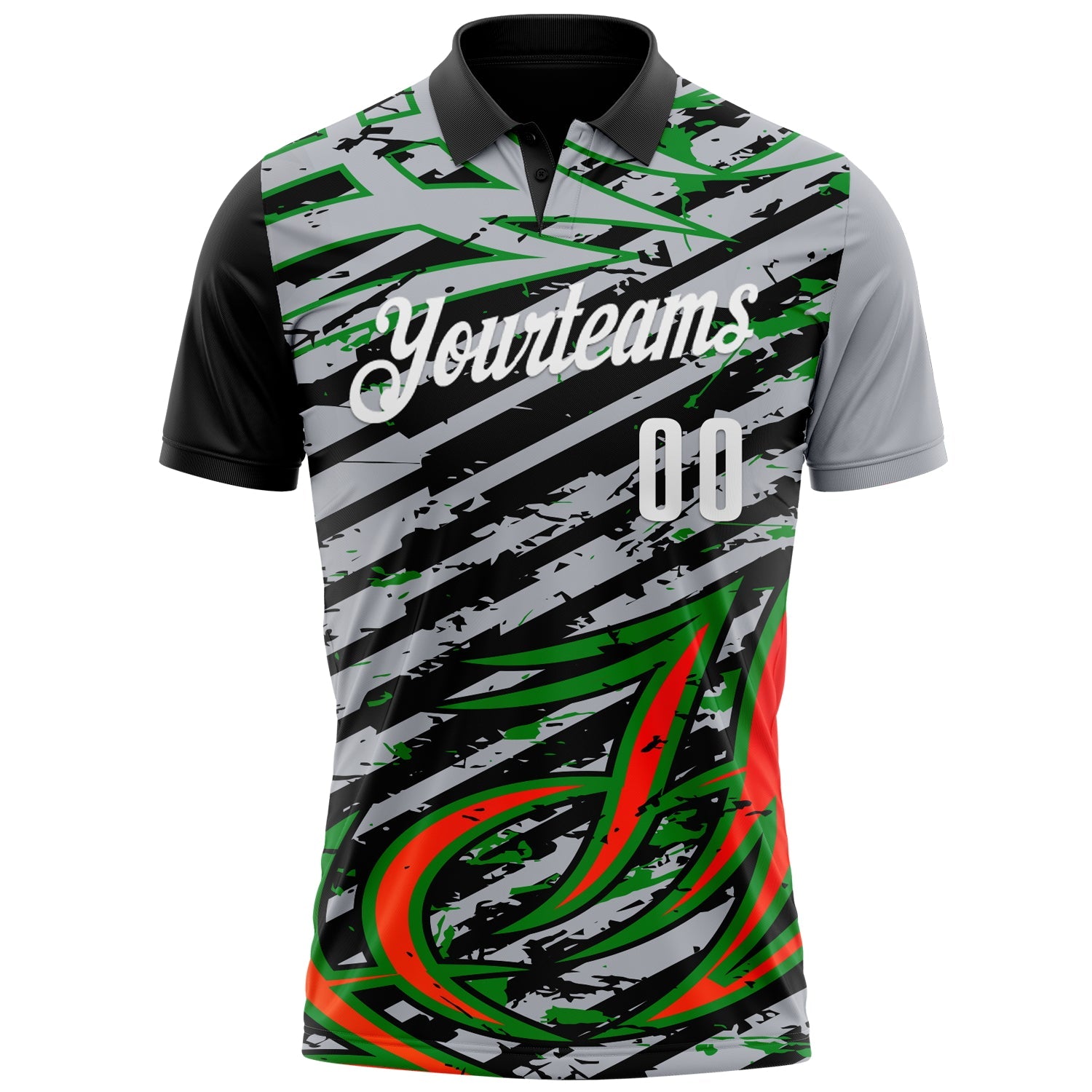 Custom Gray Black Red-Grass Green3D Bowling Line Performance Polo Shirt view 2