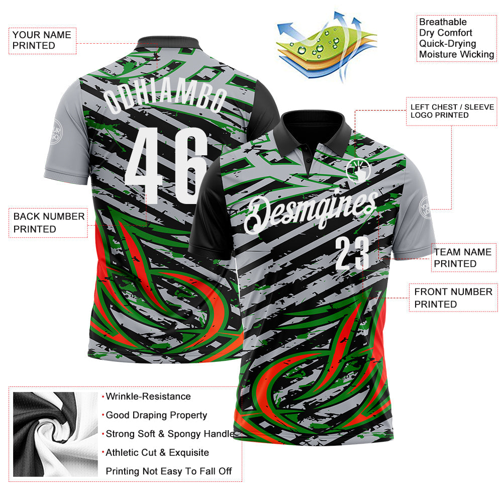 Custom Gray Black Red-Grass Green3D Bowling Line Performance Polo Shirt view 3
