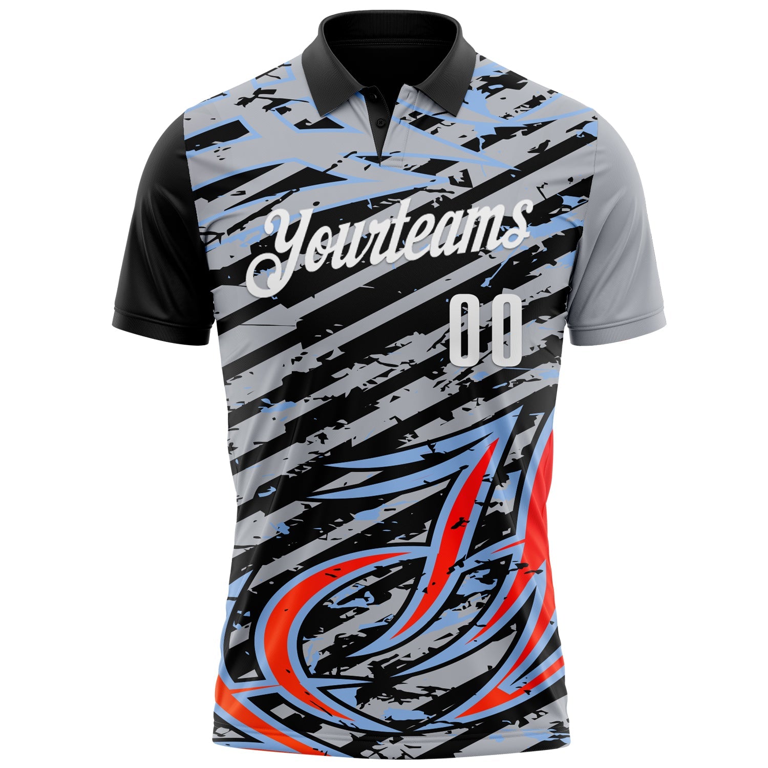 Custom Gray Black Red-Light Blue 3D Bowling Line Performance Polo Shirt view 2